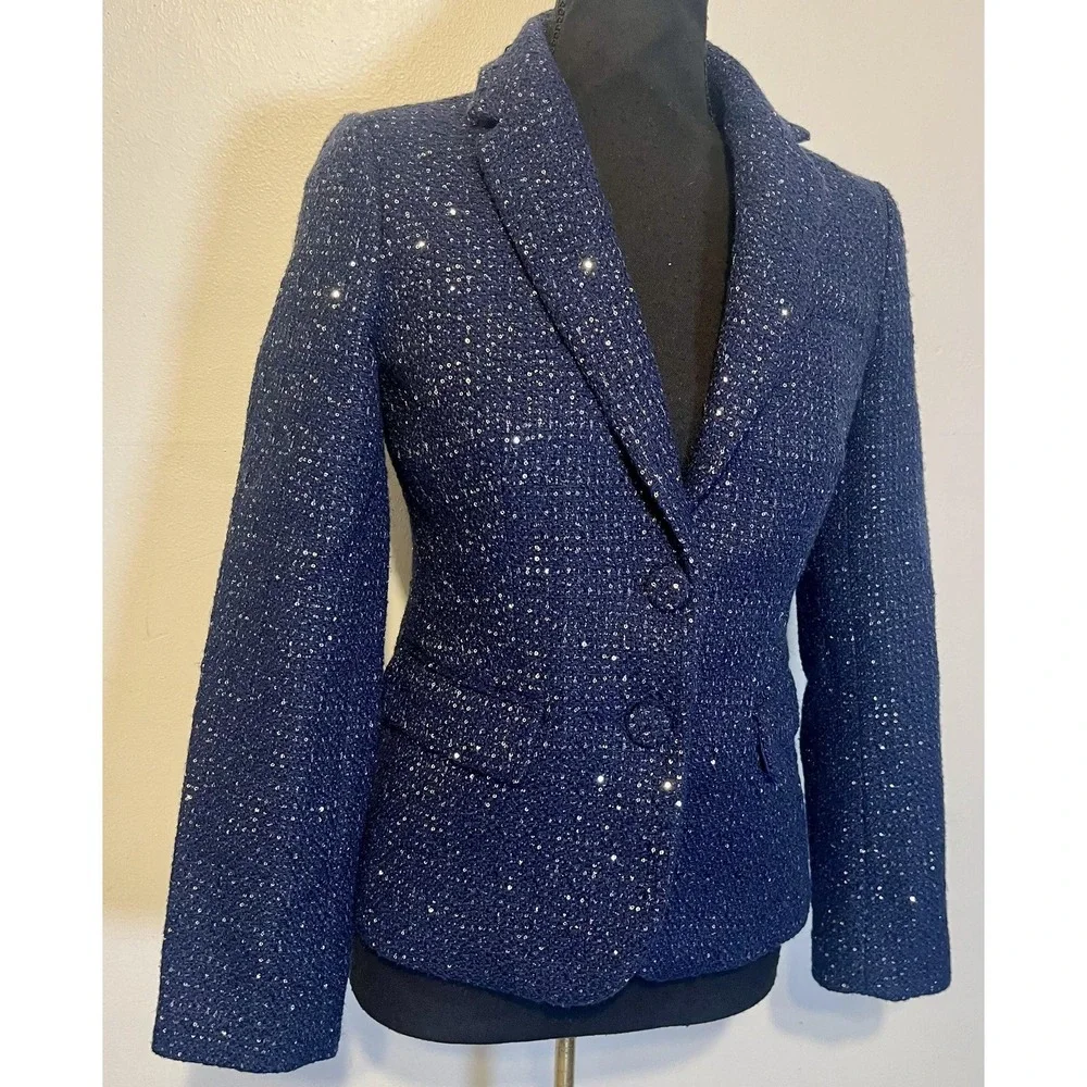 J.Crew‎ Blazer Womens 00 Navy Blue Sequin Tweed Two Button Notch Lined Jacket